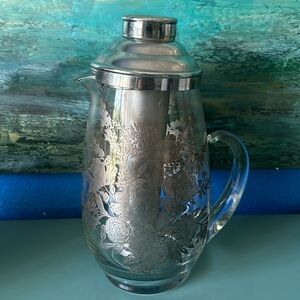 Cambridge Floral Sterling Silver Overlay Glass Lemonade Pitcher w/ Ice Caddy
